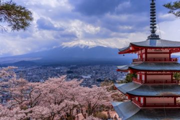 japan city shrine mount fuji sunset strong