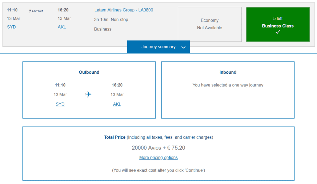 Einen Flug in der LATAM Business Class von Sydney nach Auckland bucht man bereits für nur 20.000 Avios und 75 Euro
