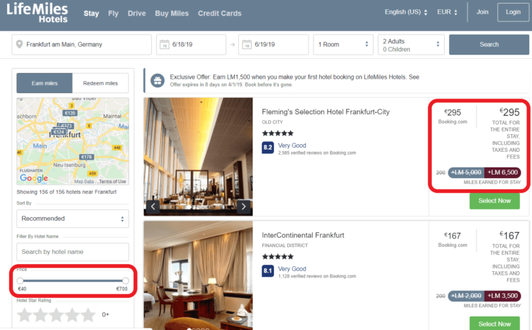Hotelpreise und Anzahl der Meilen pro Aufenthalt