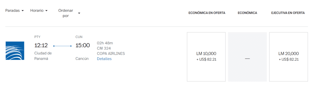 Meilenpreis für die Copa Airlines von Panama-City nach Cancun © lifemiles.com
