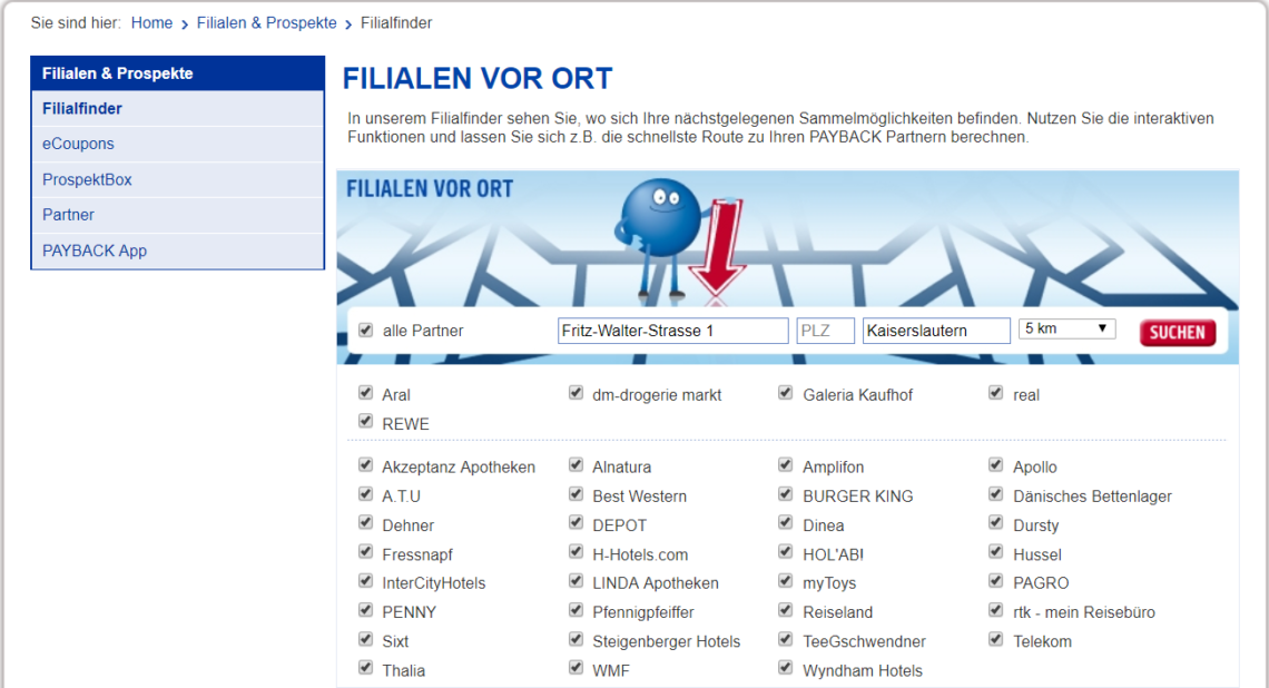 Payback Filialfinder am Beispiel Kaiserslautern