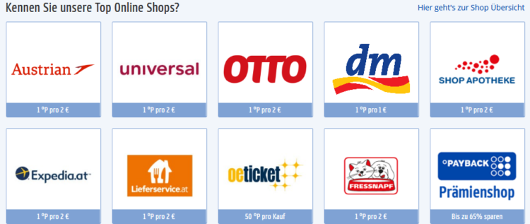 Darstellung der Payback Österreich Top Online Shops in Kachelform